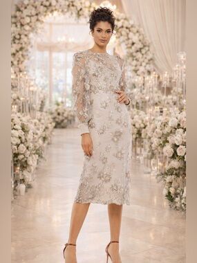 Mac Duggal 70237 Embellished High Neck Illusion Long Sleeve Midi Dress – Size 6